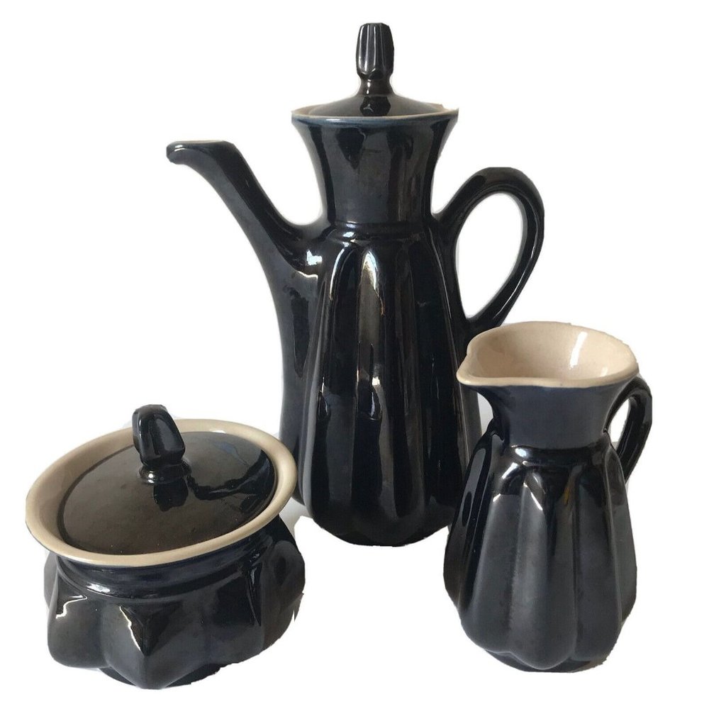 MCM blue black octagonal ceramic teapot creamer sugar set artist signed